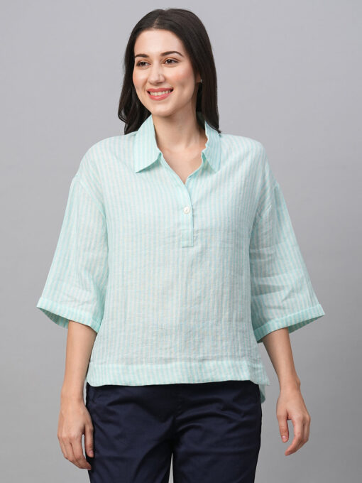 Women's Blue Linen Boxy Fit Blouse - Image 2