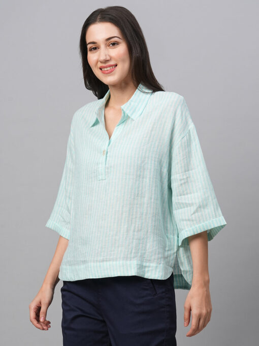 Women's Blue Linen Boxy Fit Blouse - Image 3