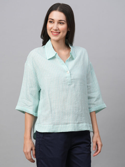 Women's Blue Linen Boxy Fit Blouse - Image 4