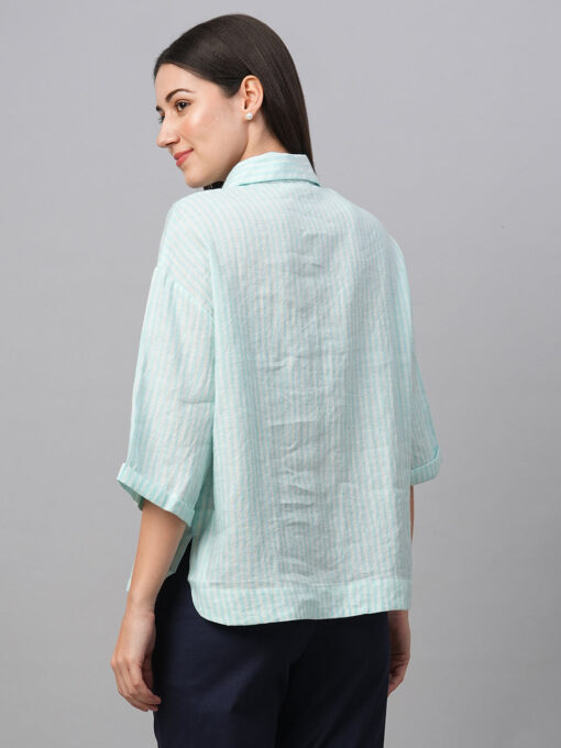 Women's Blue Linen Boxy Fit Blouse - Image 5