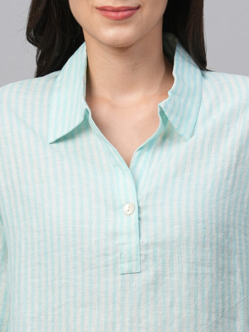 Women's Blue Linen Boxy Fit Blouse - Image 6