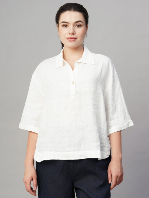 Women's White Linen Boxy Fit Blouse - Image 2