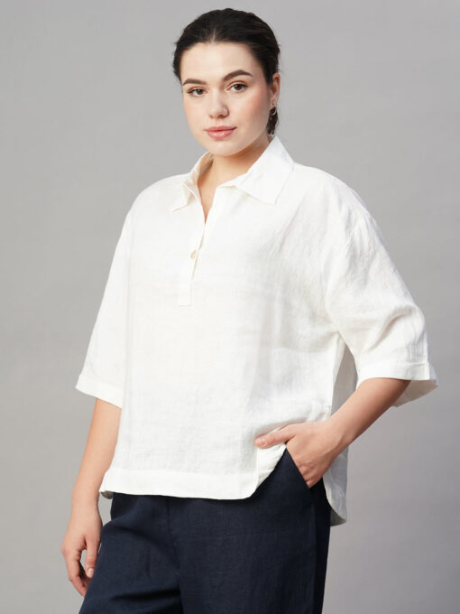 Women's White Linen Boxy Fit Blouse - Image 3