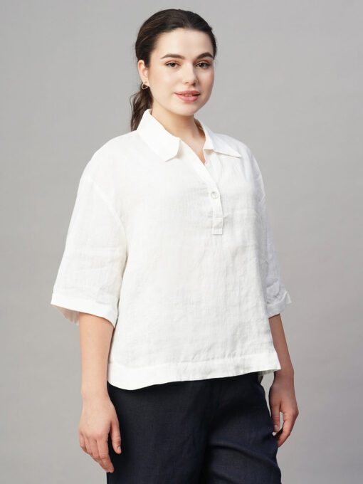 Women's White Linen Boxy Fit Blouse - Image 4