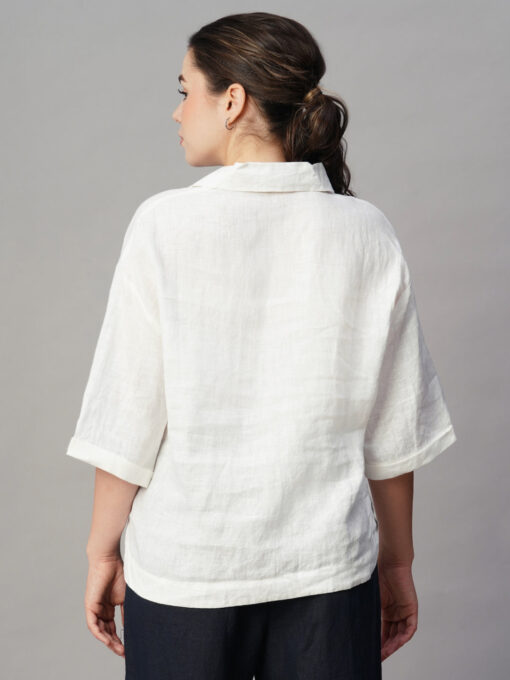 Women's White Linen Boxy Fit Blouse - Image 5