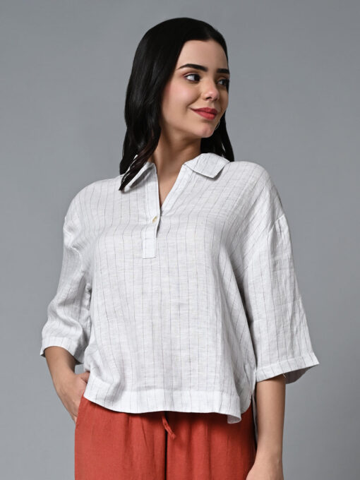 Women's Offwhite Linen Boxy Fit Blouse - Image 2