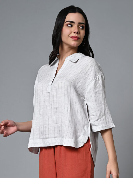 Women's Offwhite Linen Boxy Fit Blouse - Image 3