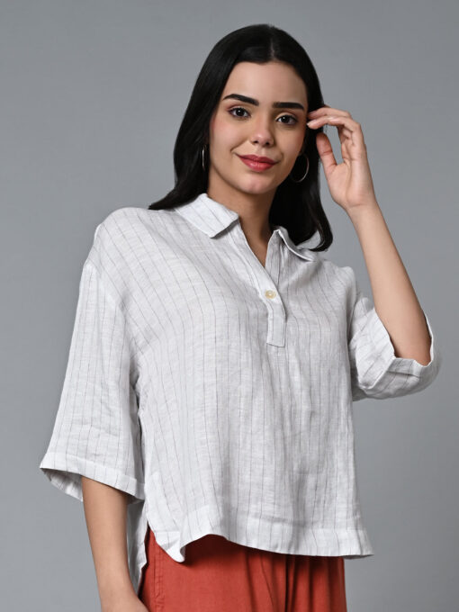 Women's Offwhite Linen Boxy Fit Blouse - Image 4