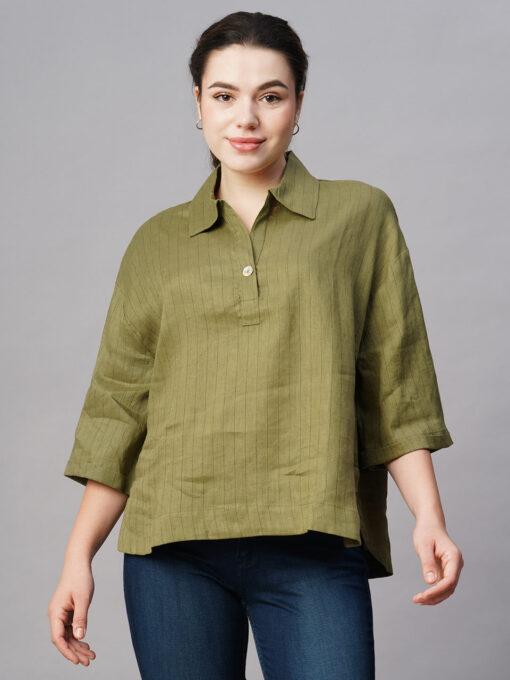 Women's Olive Linen Boxy Fit Blouse - Image 2