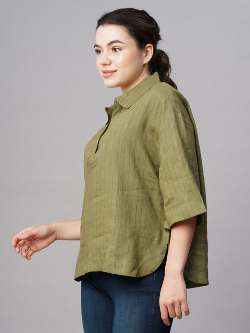 Women's Olive Linen Boxy Fit Blouse - Image 3