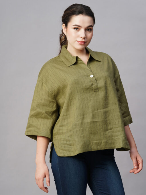 Women's Olive Linen Boxy Fit Blouse - Image 4