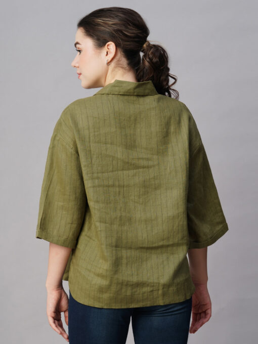 Women's Olive Linen Boxy Fit Blouse - Image 5