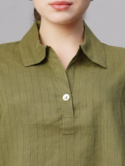 Women's Olive Linen Boxy Fit Blouse - Image 6