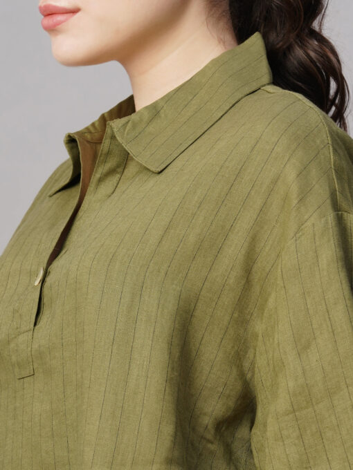 Women's Olive Linen Boxy Fit Blouse - Image 7