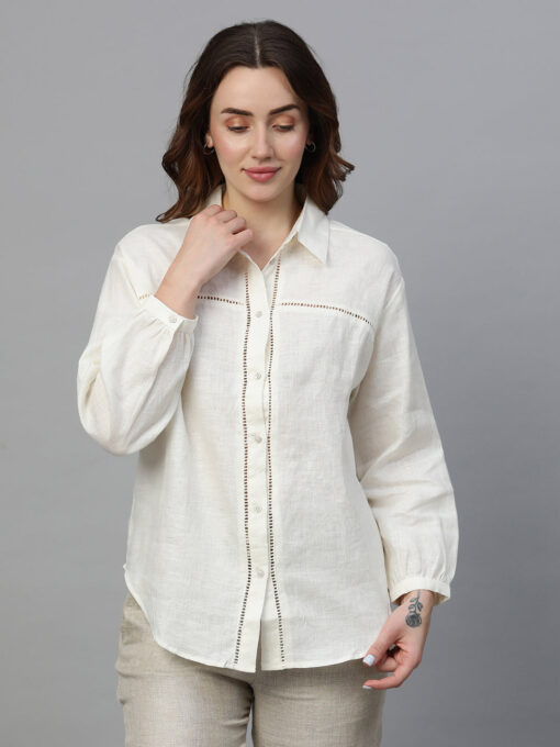 Women's Offwhite Linen Loose Fit Blouse - Image 2