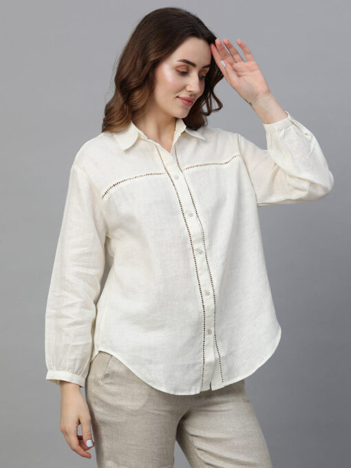 Women's Offwhite Linen Loose Fit Blouse - Image 3