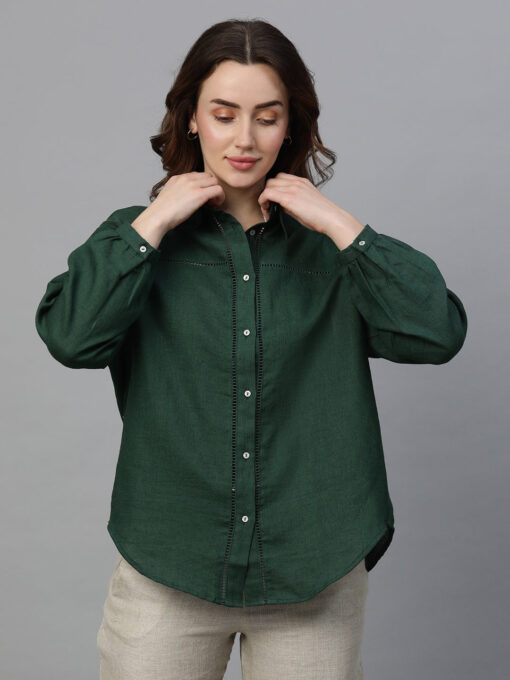 Women's Darkgreen Linen Regular Fit Blouse - Image 2