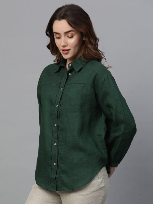 Women's Darkgreen Linen Regular Fit Blouse - Image 3