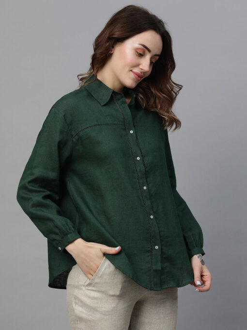 Women's Darkgreen Linen Regular Fit Blouse - Image 4