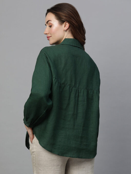 Women's Darkgreen Linen Regular Fit Blouse - Image 5