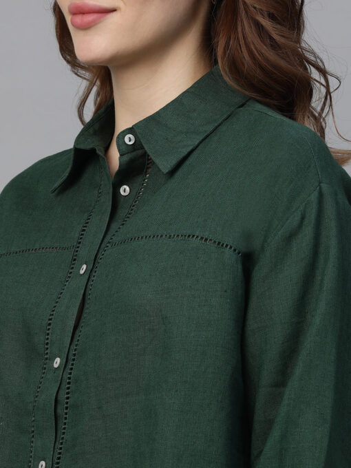 Women's Darkgreen Linen Regular Fit Blouse - Image 7