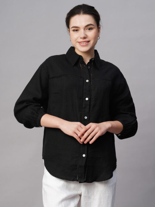 Women's Black Linen Regular Fit Blouse - Image 2