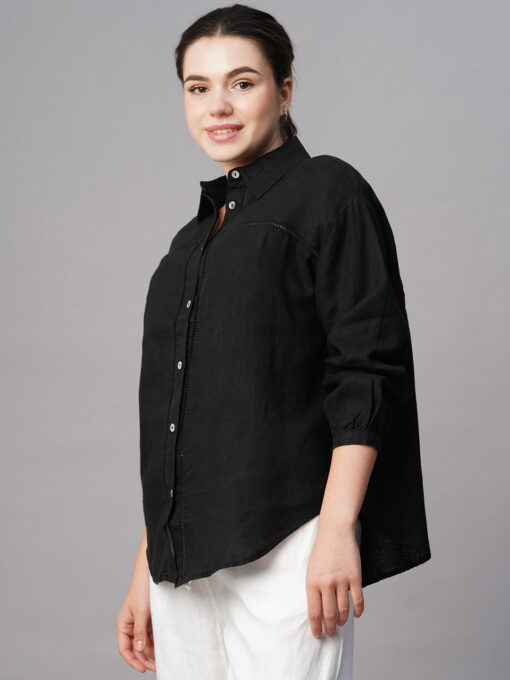 Women's Black Linen Regular Fit Blouse - Image 3