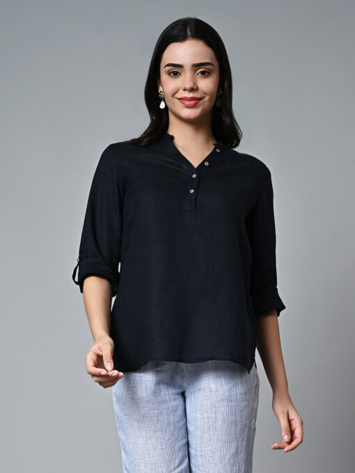 Women's Navy Linen Regular Fit Blouse - Image 2