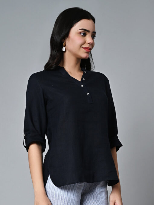 Women's Navy Linen Regular Fit Blouse - Image 4