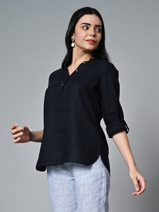 Women's Navy Linen Regular Fit Blouse - Image 3