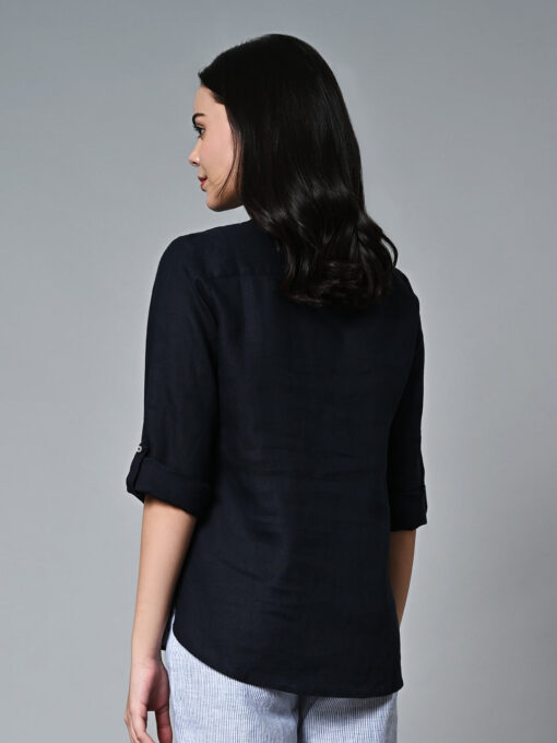 Women's Navy Linen Regular Fit Blouse - Image 5