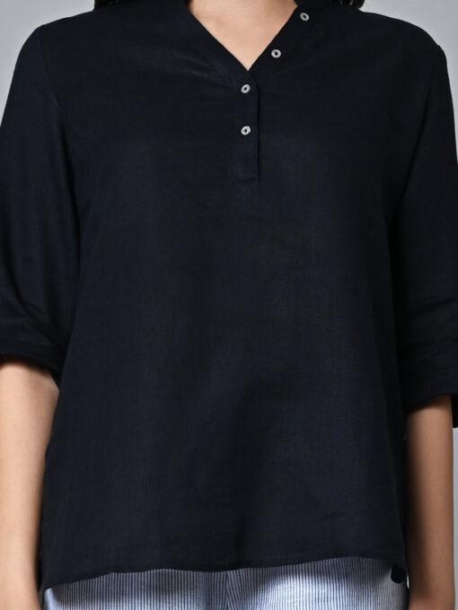 Women's Navy Linen Regular Fit Blouse - Image 6