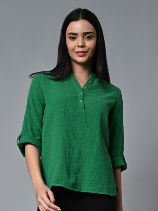 Women's Green Cotton Regular Fit Blouse - Image 2