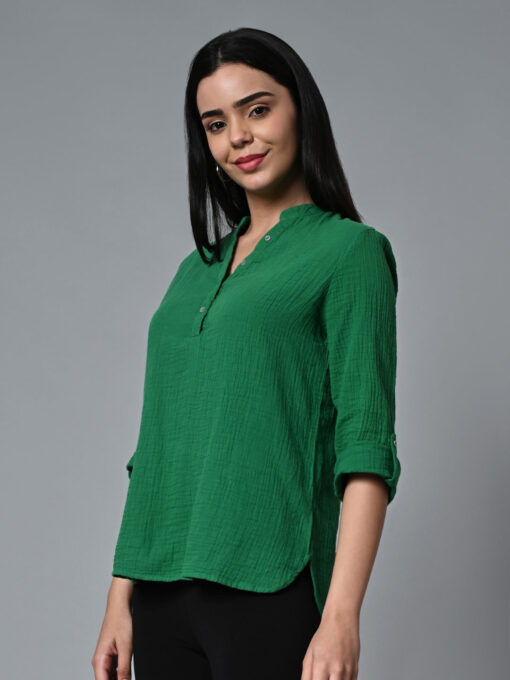 Women's Green Cotton Regular Fit Blouse - Image 3