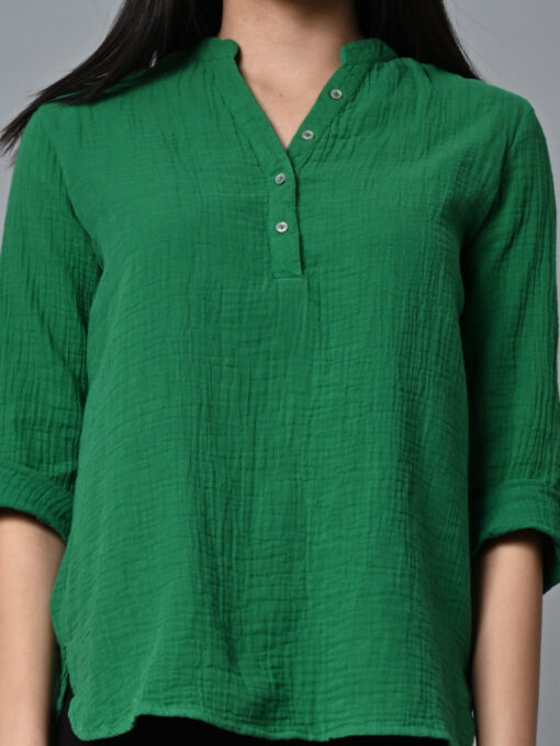 Women's Green Cotton Regular Fit Blouse - Image 5