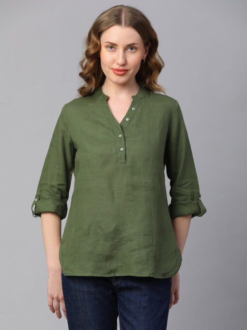 Women's Green Linen Regular Fit Blouse - Image 2