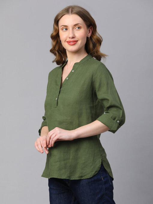 Women's Green Linen Regular Fit Blouse - Image 3