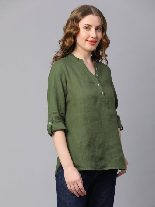 Women's Green Linen Regular Fit Blouse - Image 4