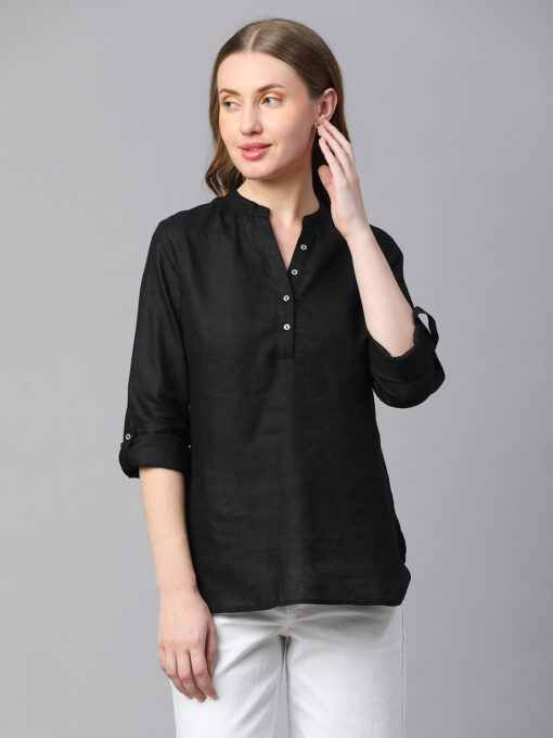 Women's Black Linen Regular Fit Blouse - Image 2