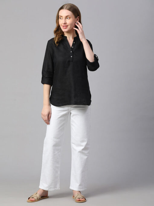 Women's Black Linen Regular Fit Blouse