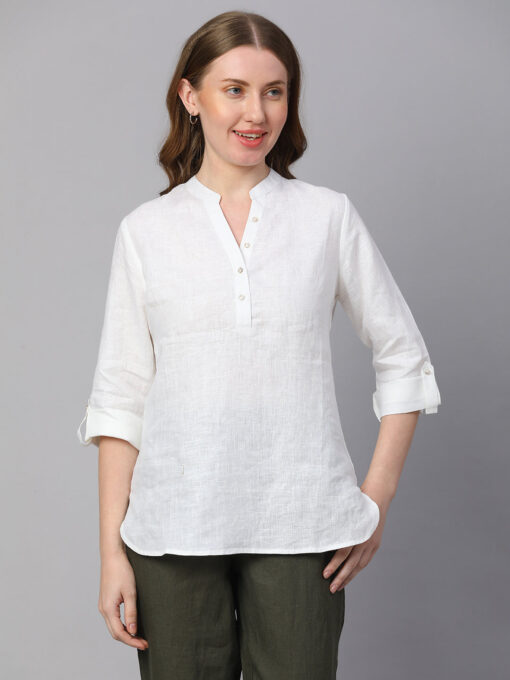 Women's White Linen Regular Fit Blouse - Image 2