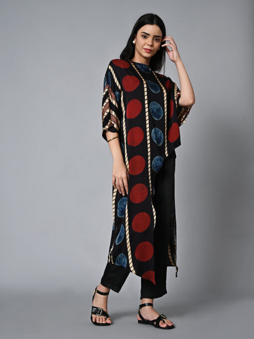 Women's Ajrak Hand Block Printed Loose Fit Modal Black Blouse - Image 3