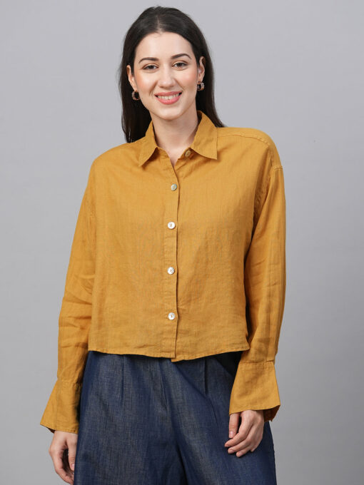 Women's Mustard Linen Boxy Fit Blouse - Image 2