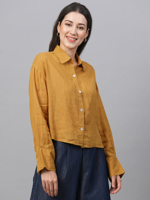 Women's Mustard Linen Boxy Fit Blouse - Image 4