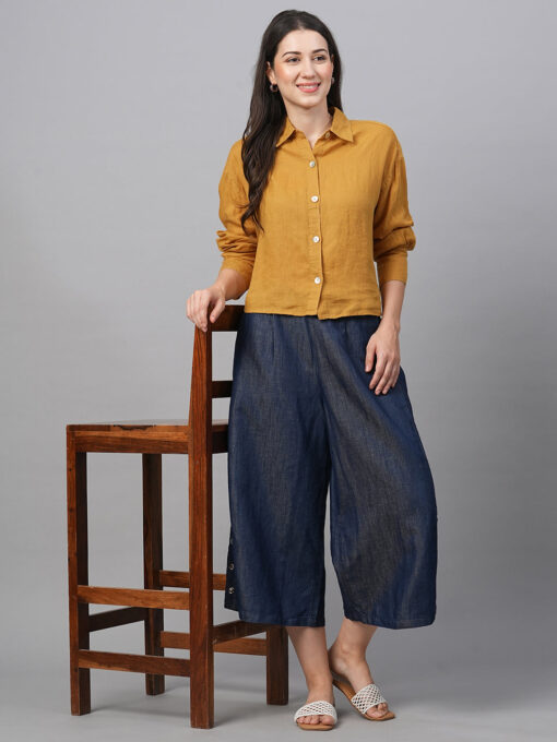 Women's Mustard Linen Boxy Fit Blouse