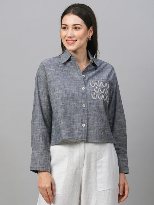 Women's Blue Cotton Boxy Fit Blouse - Image 2