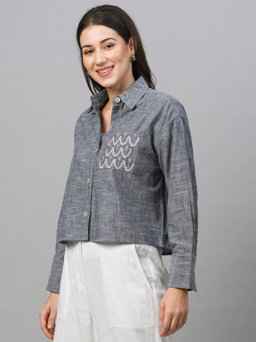 Women's Blue Cotton Boxy Fit Blouse - Image 3