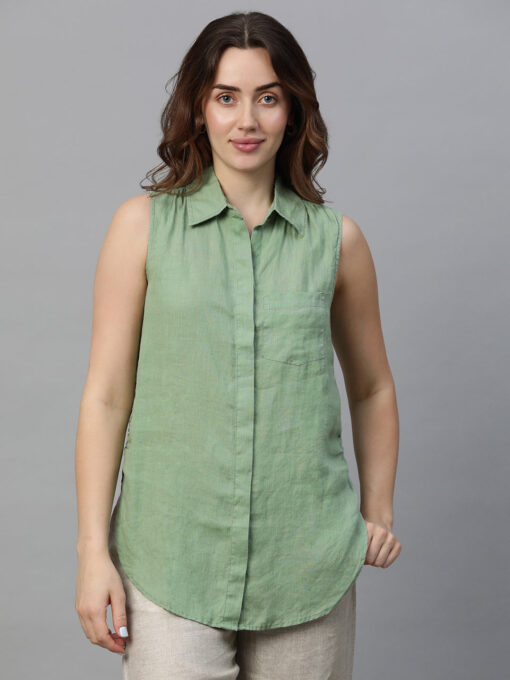 Women's Green Linen Regular Fit Blouse - Image 2