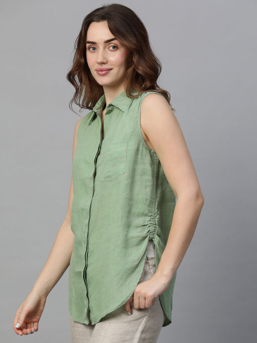 Women's Green Linen Regular Fit Blouse - Image 3