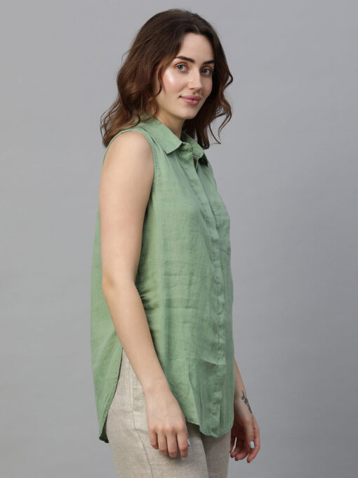 Women's Green Linen Regular Fit Blouse - Image 4